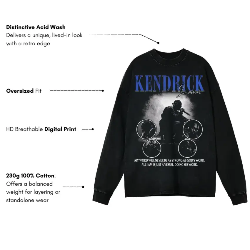 Kendrick Lamar Humble Word Aicd Wash Oversized Long Sleeve Shirt - Image 5