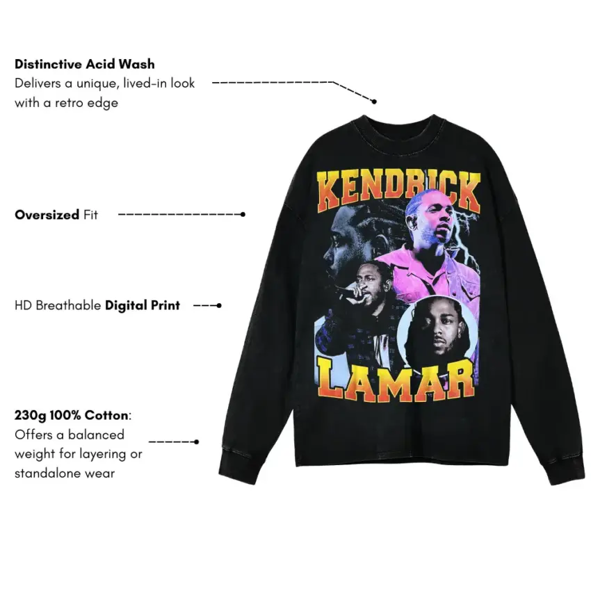 Kendrick Lamar Vibrant King Aicd Wash Oversized Long Sleeve Shirt - Image 5