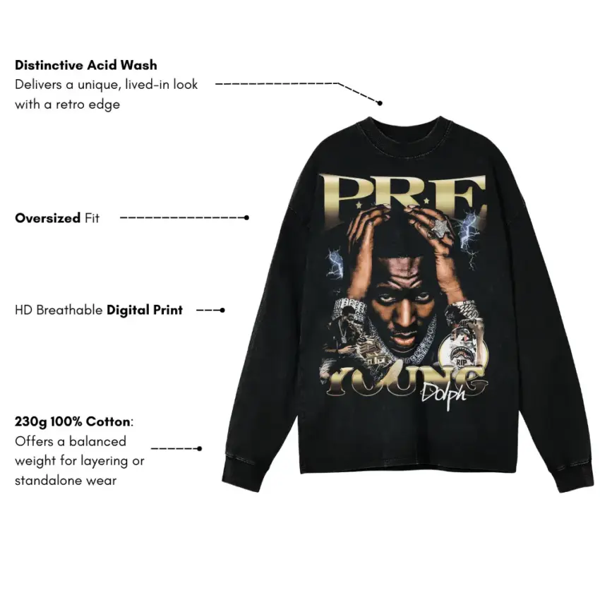 Key Glock Paper Route Empire Aicd Wash Oversized Long Sleeve Shirt - Image 5
