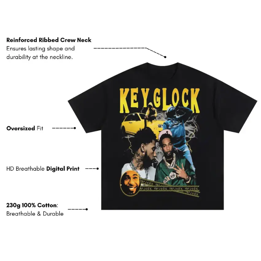 Key Glock Yellow Tape Oversized Black Graphic Tee - Image 5