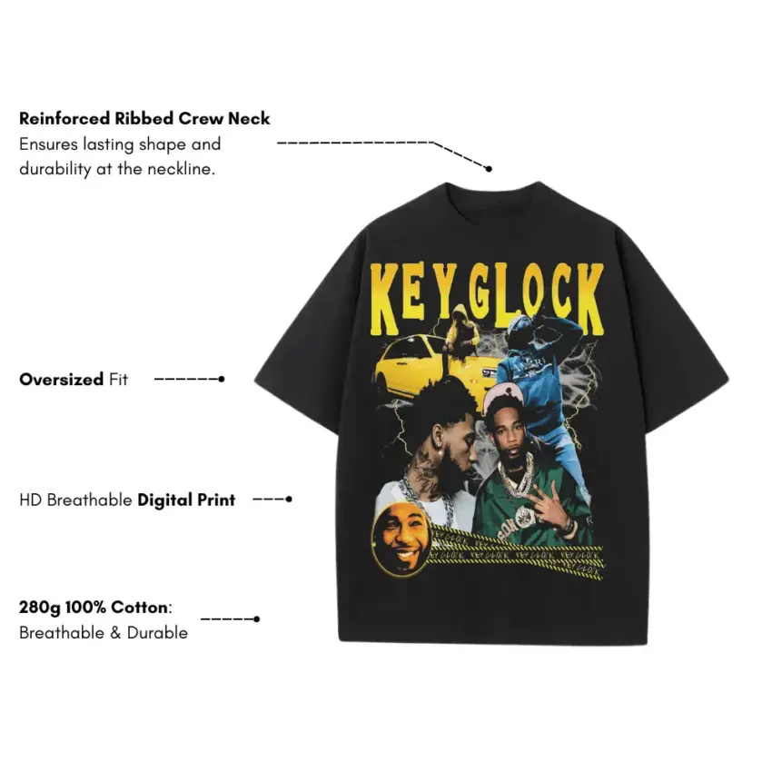 Key Glock Yellow Tape Heavyweight Oversized Black Graphic Tee - Image 5