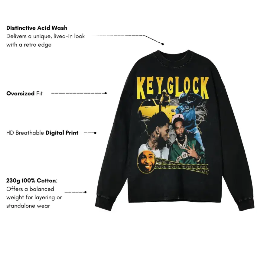 Key Glock Yellow Tape Aicd Wash Oversized Long Sleeve Shirt - Image 5