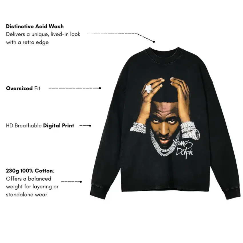 King Dolph Portrait Aicd Wash Oversized Long Sleeve Shirt - Image 5