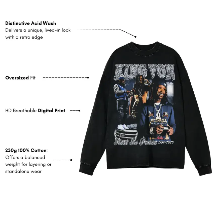 King Von What It Means To Be King Aicd Wash Oversized Long Sleeve Shirt - Image 5