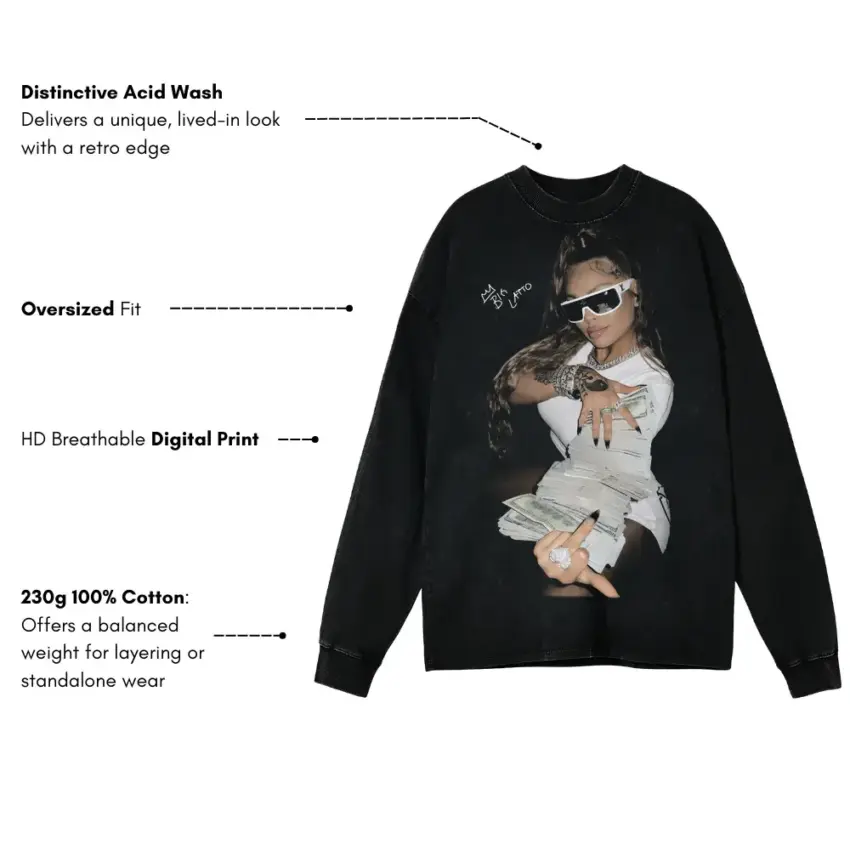 Latto Queen Of Da Souf Pose Aicd Wash Oversized Long Sleeve Shirt - Image 5