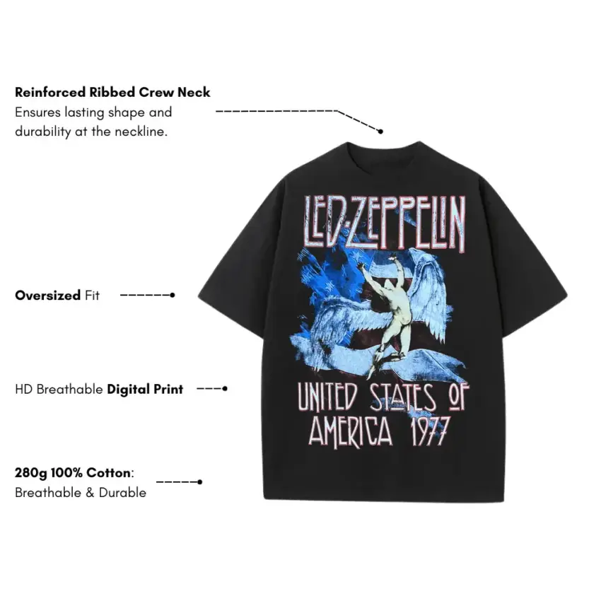 Led Zeppelin Icarus 1977 Heavyweight Oversized Black Graphic Tee - Image 5