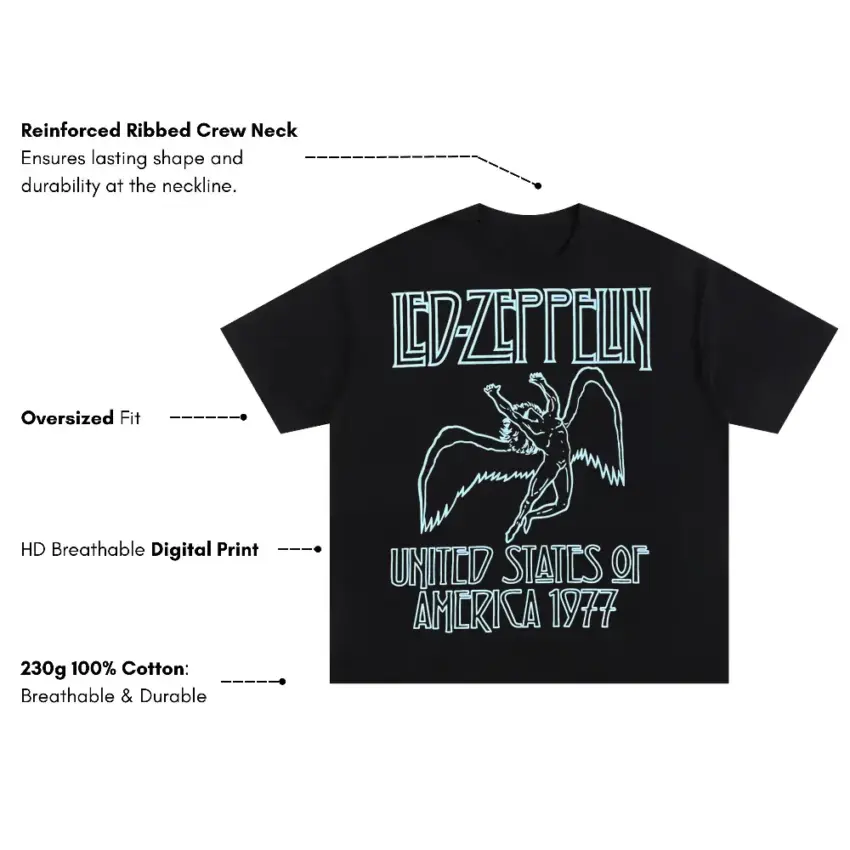 Led Zeppelin Tour 1977 Oversized Black Graphic Tee - Image 5