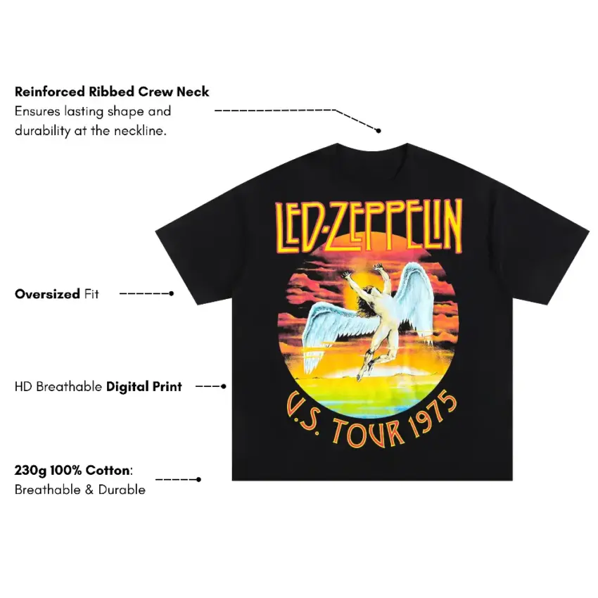 Led Zeppelin US Tour 1975 Oversized Black Graphic Tee - Image 5