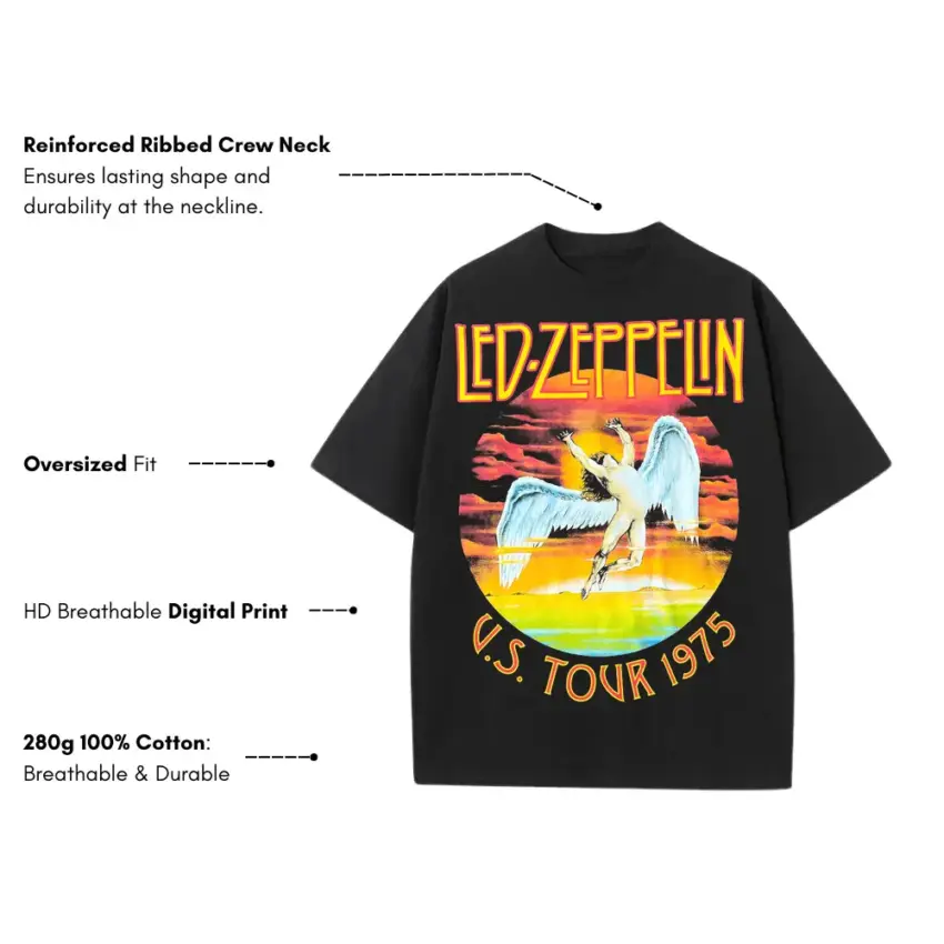 Led Zeppelin US Tour 1975 Heavyweight Oversized Black Graphic Tee - Image 5