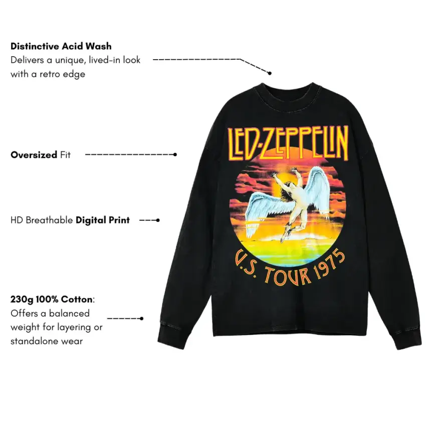 Led Zeppelin US Tour 1975 Aicd Wash Oversized Long Sleeve Shirt - Image 5