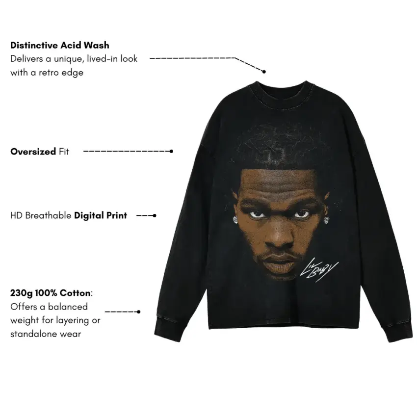 Lil Baby Drip Too Hard Aicd Wash Oversized Long Sleeve Shirt - Image 5