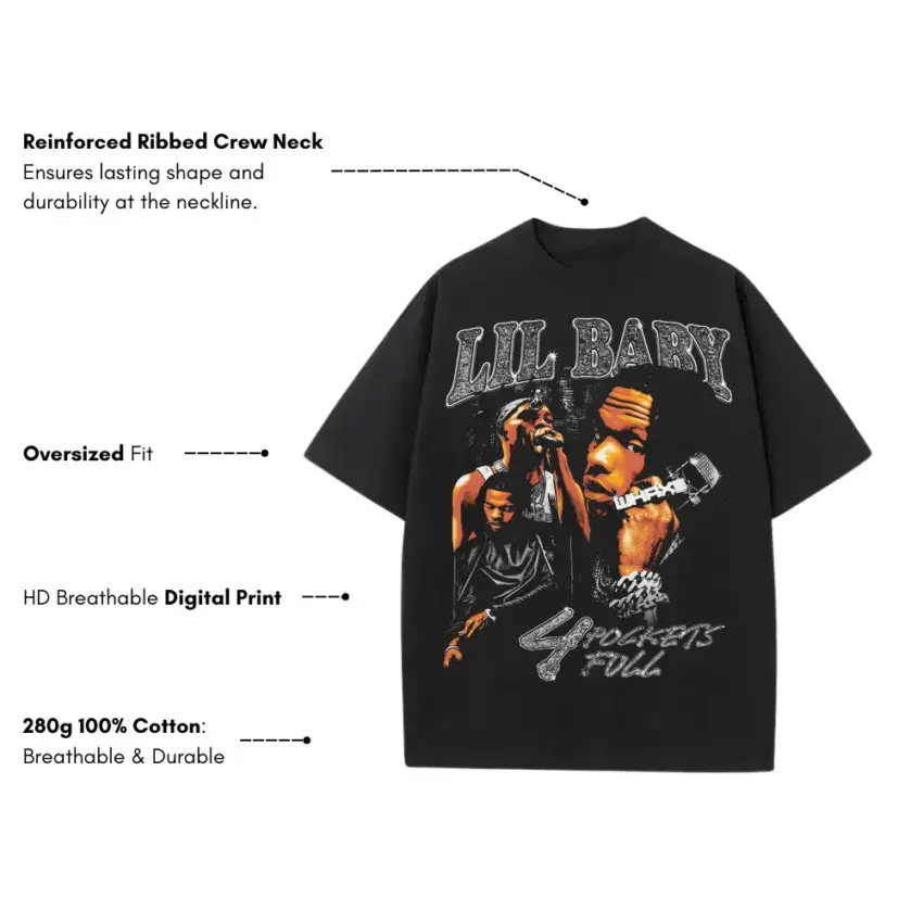 Lil Baby Four Pockets Full Heavyweight Oversized Black Graphic Tee - Image 5