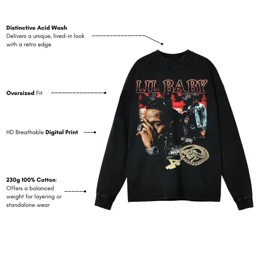 Lil Baby My Turn Aicd Wash Oversized Long Sleeve Shirt - Image 5