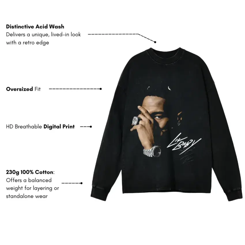Lil Baby Pensive Portrait Aicd Wash Oversized Long Sleeve Shirt - Image 5