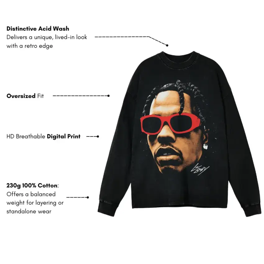 Lil Baby Red Shades Aicd Wash Oversized Long Sleeve Shirt - Image 5