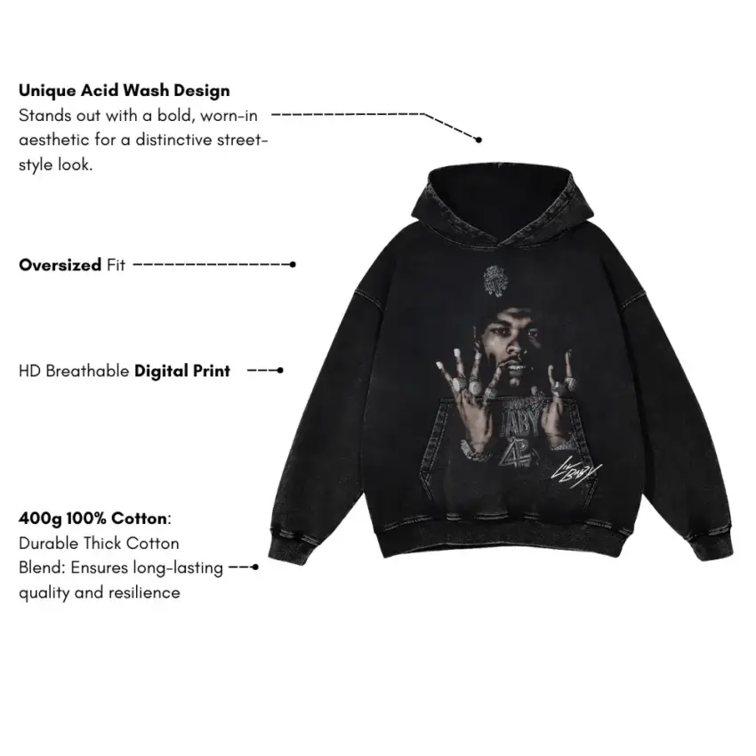 Lil Baby Signature Portrait Aicd Wash Oversized Hoodie - Image 5