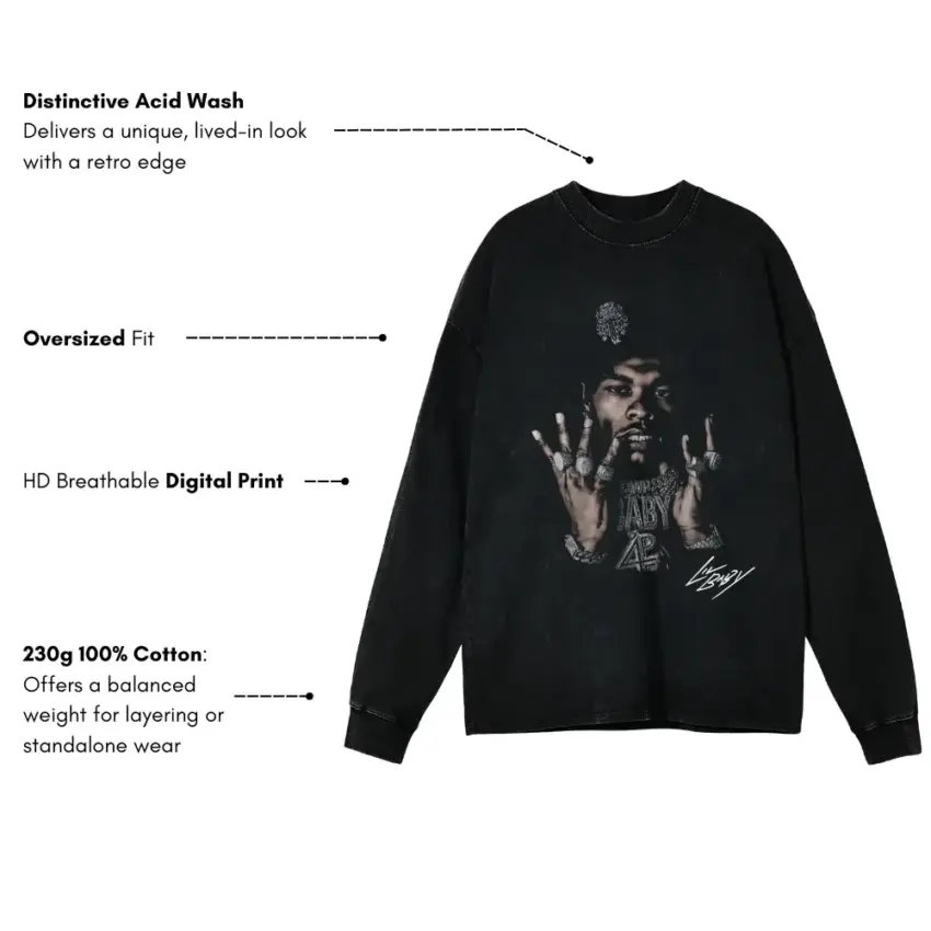 Lil Baby Signature Portrait Aicd Wash Oversized Long Sleeve Shirt - Image 5