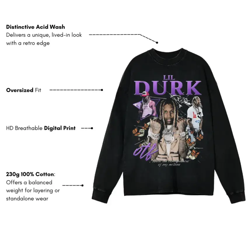 Lil Durk Purple Aesthetic Aicd Wash Oversized Long Sleeve Shirt - Image 5