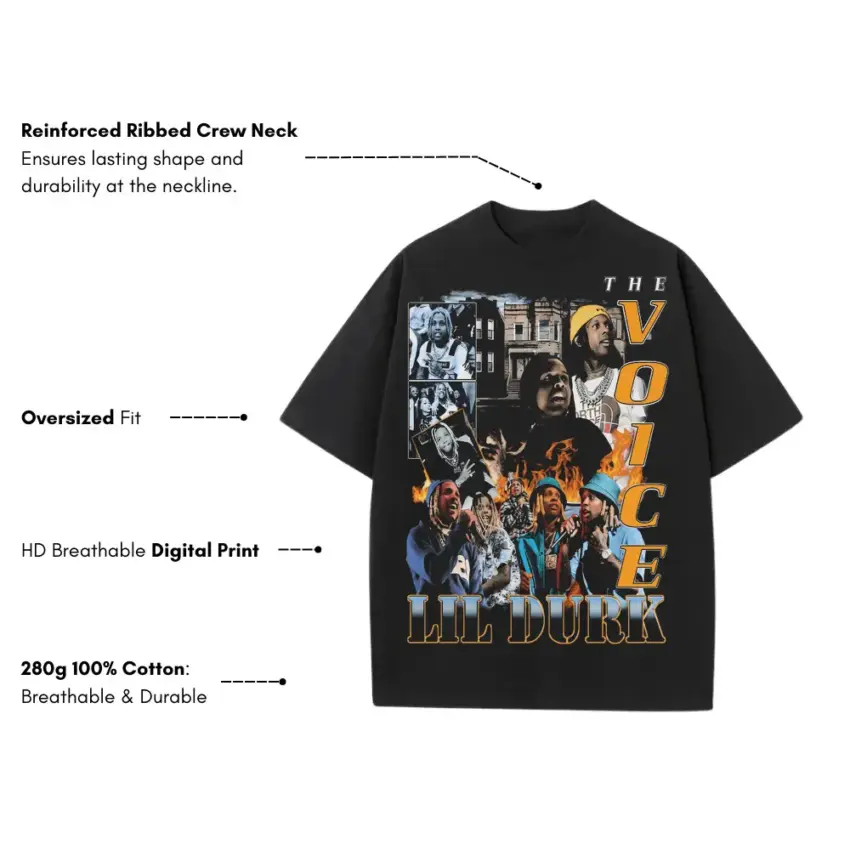 Lil Durk The Voice Collage Heavyweight Oversized Black Graphic Tee - Image 5