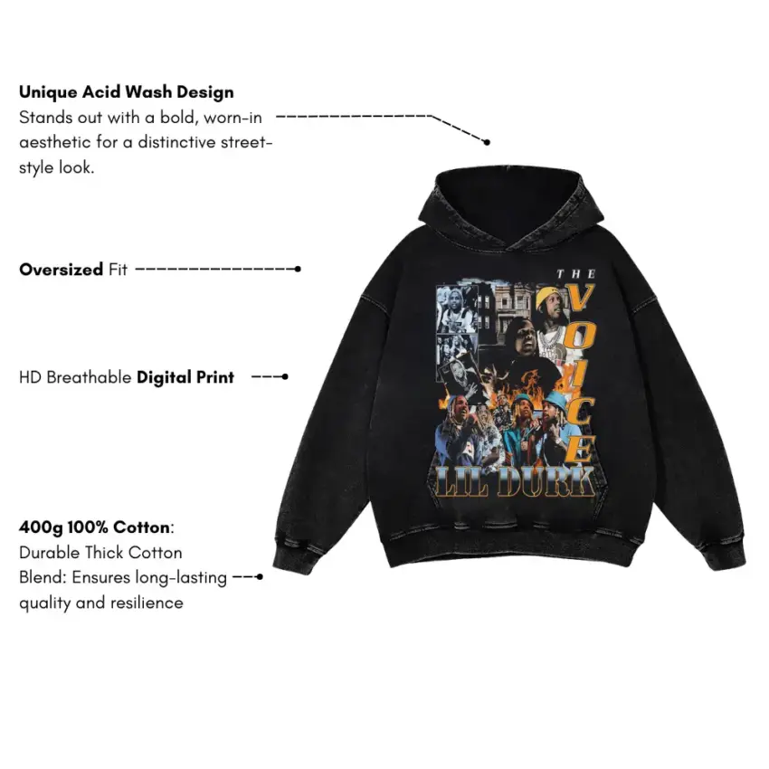 Lil Durk The Voice Collage Aicd Wash Oversized Hoodie - Image 5