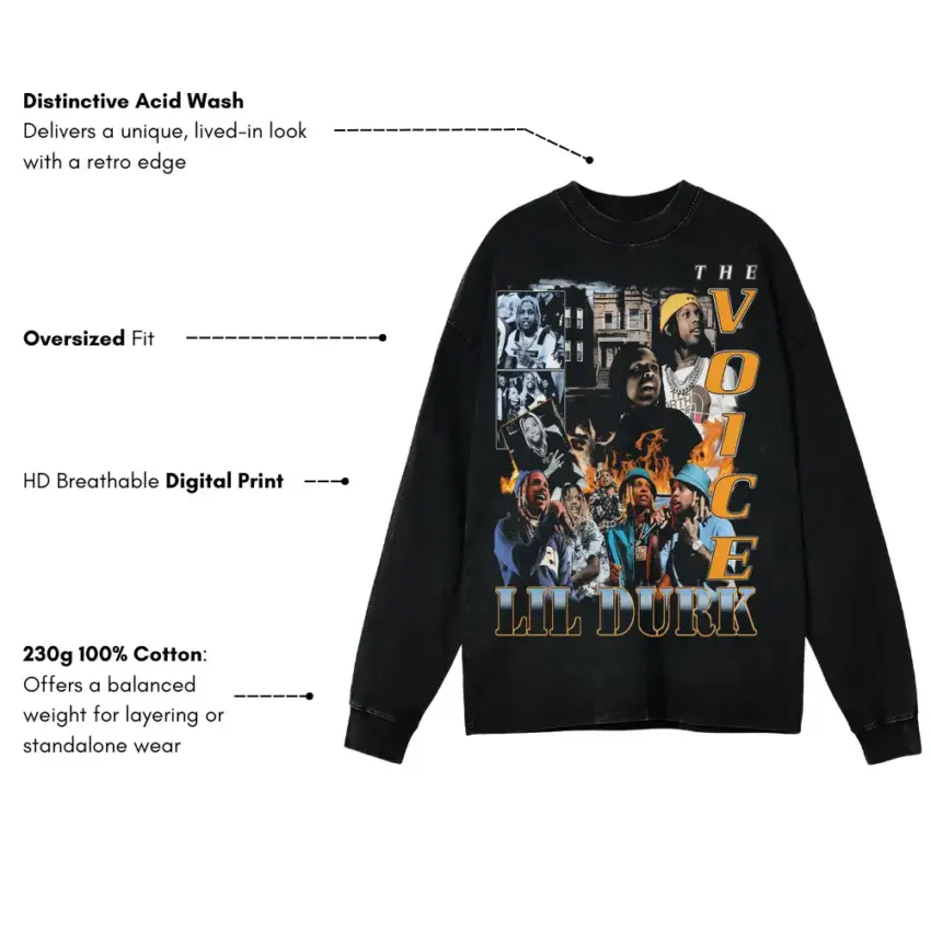 Lil Durk The Voice Collage Aicd Wash Oversized Long Sleeve Shirt - Image 5