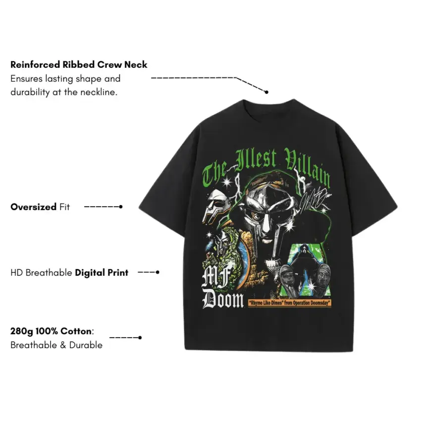 MF Doom The Illest Villain Heavyweight Oversized Black Graphic Tee - Image 5