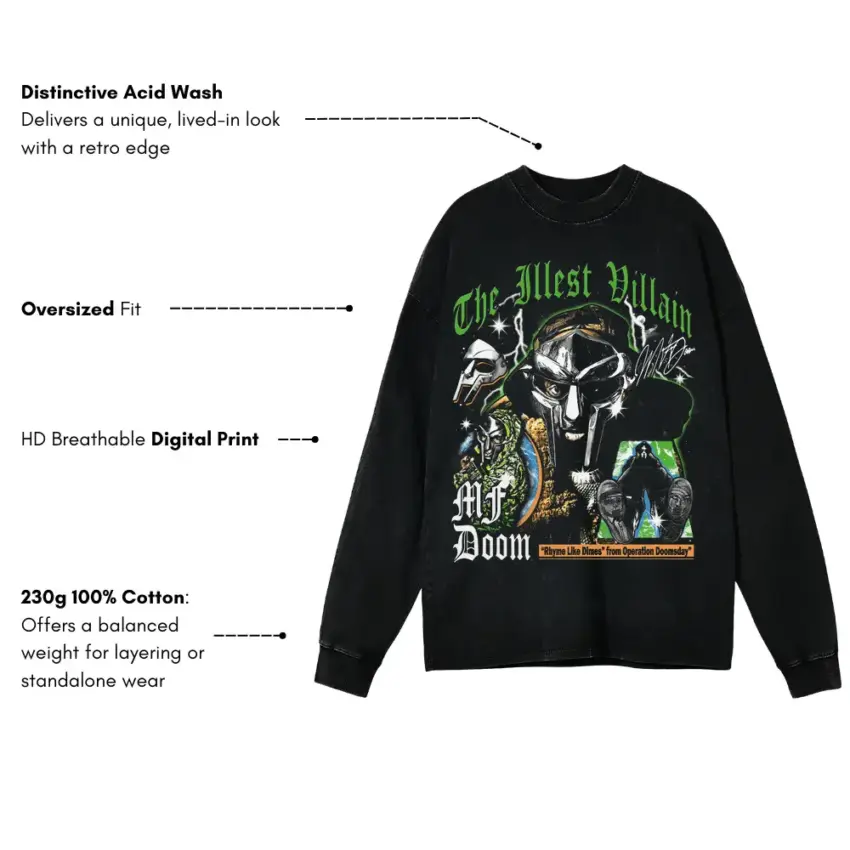 MF Doom The Illest Villain Aicd Wash Oversized Long Sleeve Shirt - Image 5