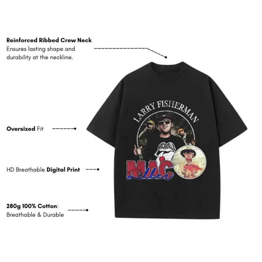 Mac Miller Larry Fisherman Heavyweight Oversized Black Graphic Tee - Image 5