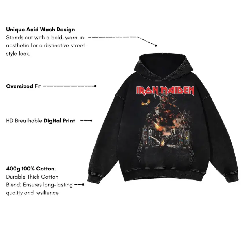 Maiden Live After Death Aicd Wash Oversized Hoodie - Image 5