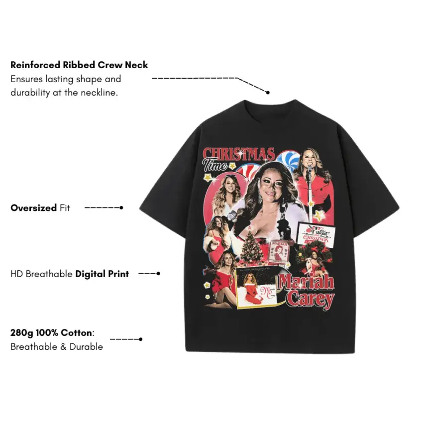 Mariah Carey Christmas Heavyweight Oversized Black Graphic Tee - Image 5