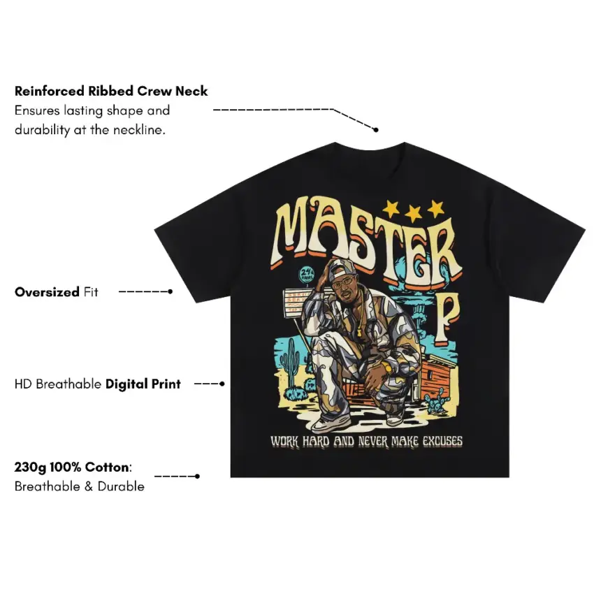 Master P Work Hard Oversized Black Graphic Tee - Image 5