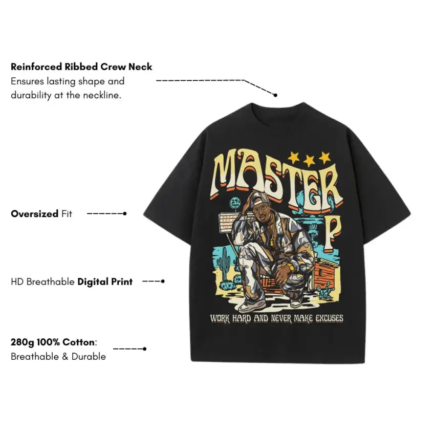 Master P Work Hard Heavyweight Oversized Black Graphic Tee - Image 5