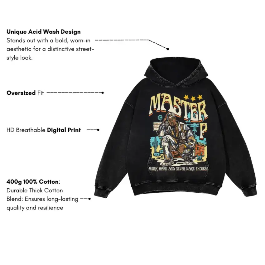 Master P Work Hard Aicd Wash Oversized Hoodie - Image 5