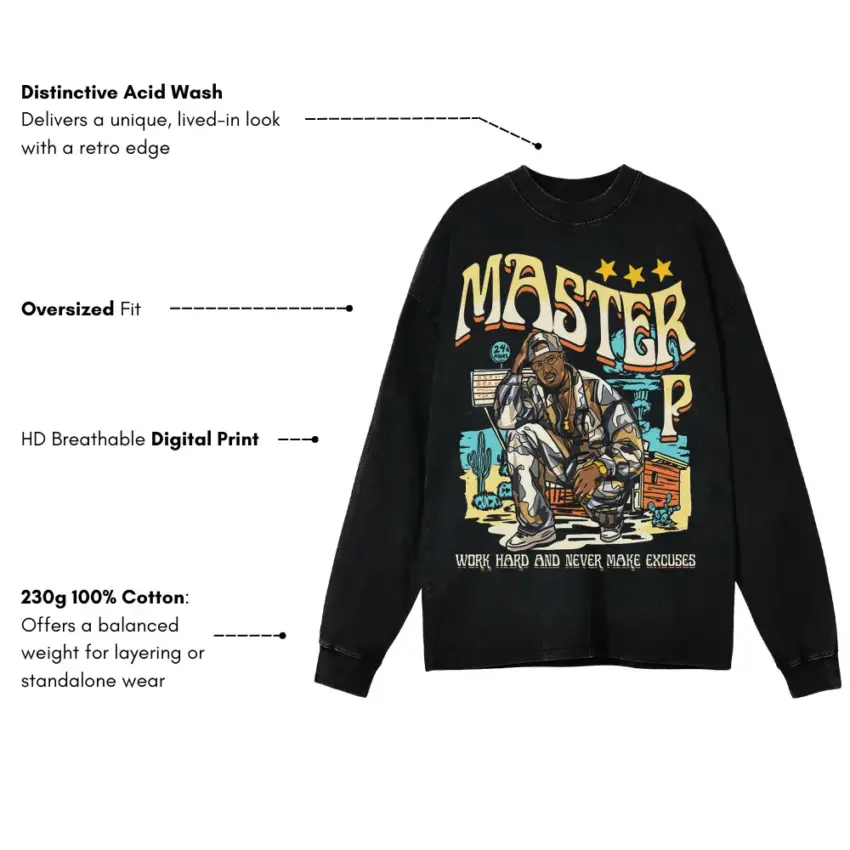 Master P Work Hard Aicd Wash Oversized Long Sleeve Shirt - Image 5