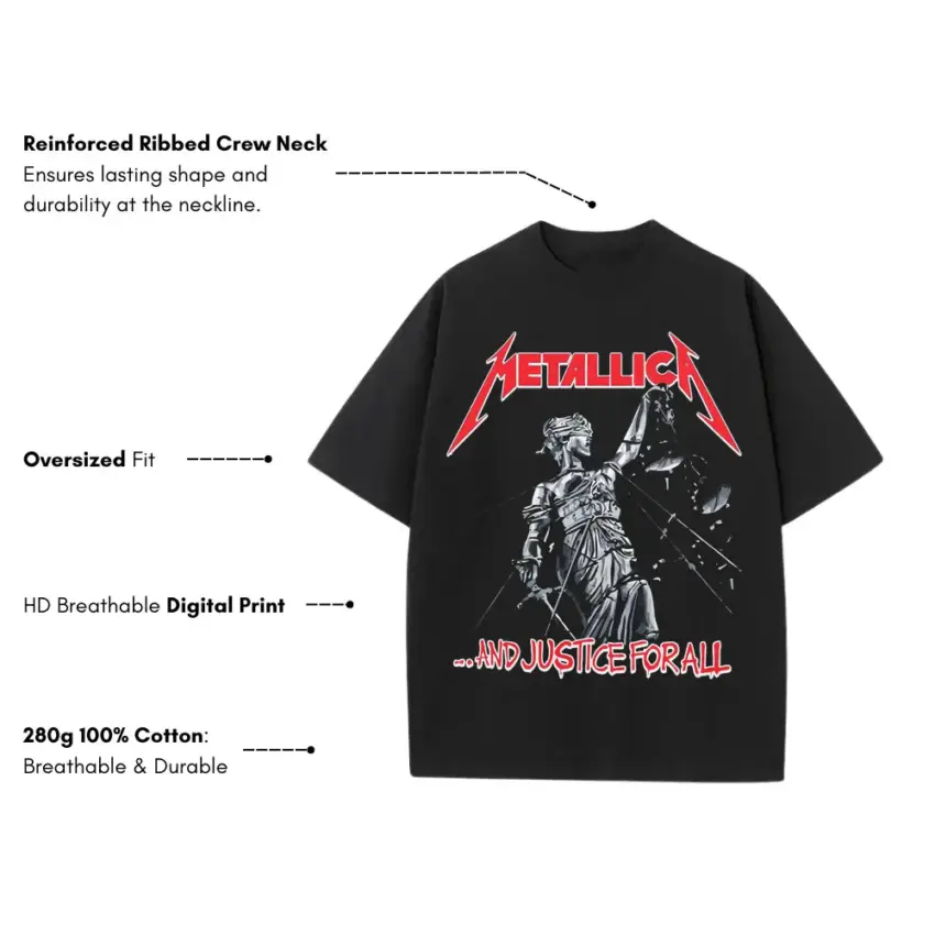 Metallica And Justice For All Heavyweight Oversized Black Graphic Tee - Image 5