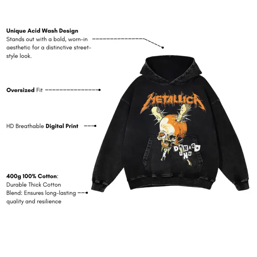 Metallica Damage Inc Aicd Wash Oversized Hoodie - Image 5