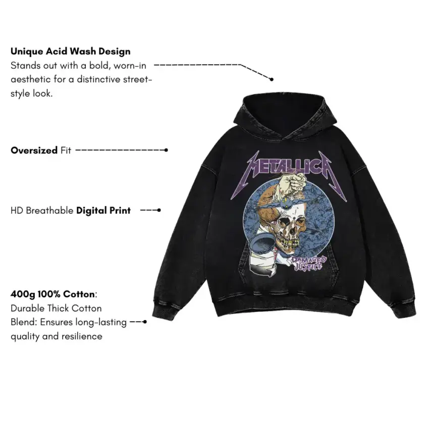 Metallica Damaged Justice Skull Aicd Wash Oversized Hoodie - Image 5