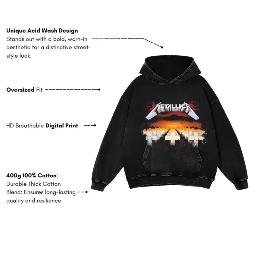 Metallica Ride The Lightning Art Aicd Wash Oversized Hoodie - Image 5