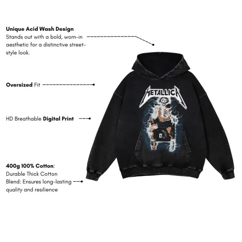 Metallica Ride The Lightning Aicd Wash Oversized Hoodie - Image 5