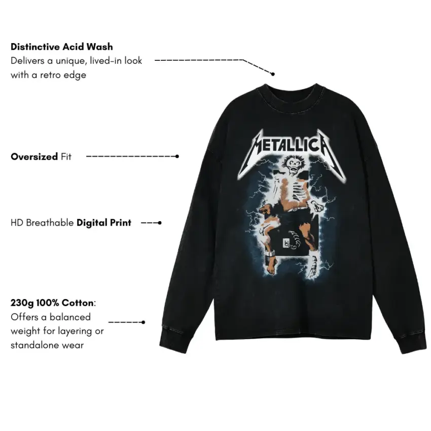 Metallica Ride The Lightning Aicd Wash Oversized Long Sleeve Shirt - Image 5