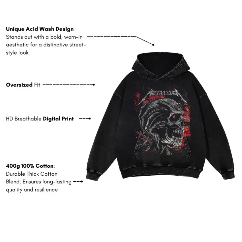 Metallica Screaming Skull Aicd Wash Oversized Hoodie - Image 5
