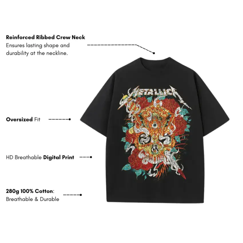 Metallica Sugar Skull Heavyweight Oversized Black Graphic Tee - Image 5