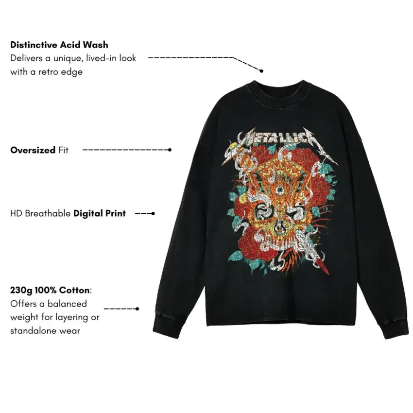 Metallica Sugar Skull Aicd Wash Oversized Long Sleeve Shirt - Image 5