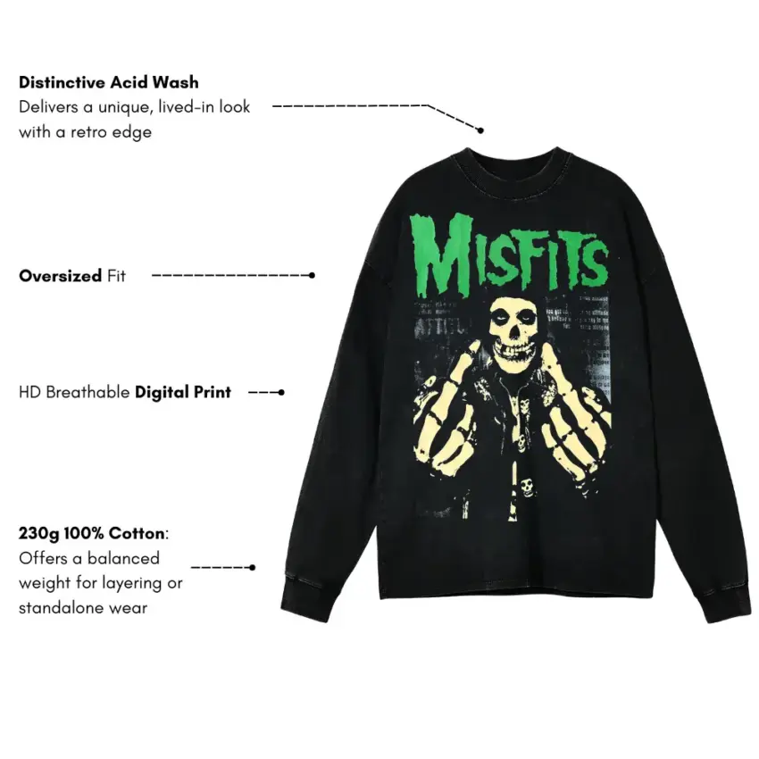 Misfits Fiend Club Aicd Wash Oversized Long Sleeve Shirt - Image 5