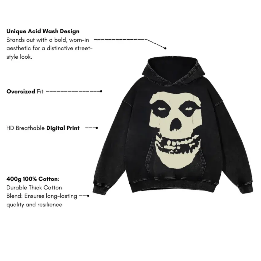 Misfits Fiend Skull Aicd Wash Oversized Hoodie - Image 5