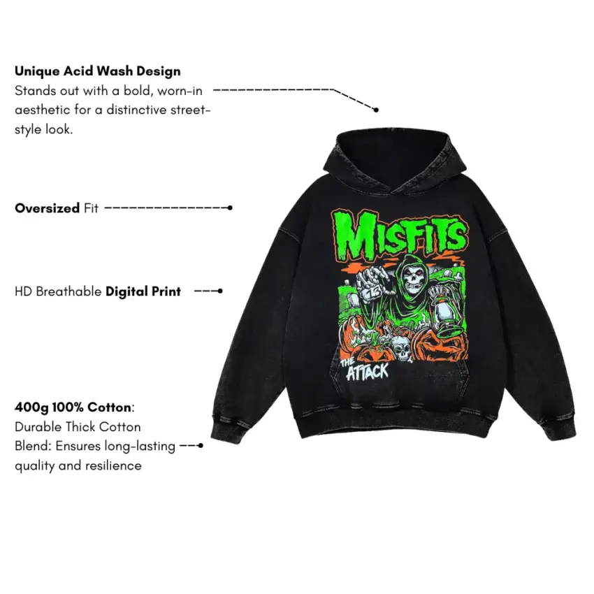 Misfits Green Attack Aicd Wash Oversized Hoodie - Image 5