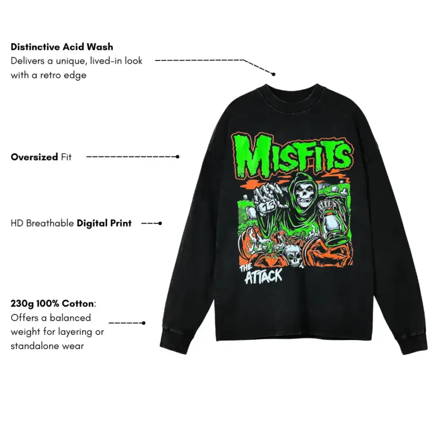 Misfits Green Attack Aicd Wash Oversized Long Sleeve Shirt - Image 5
