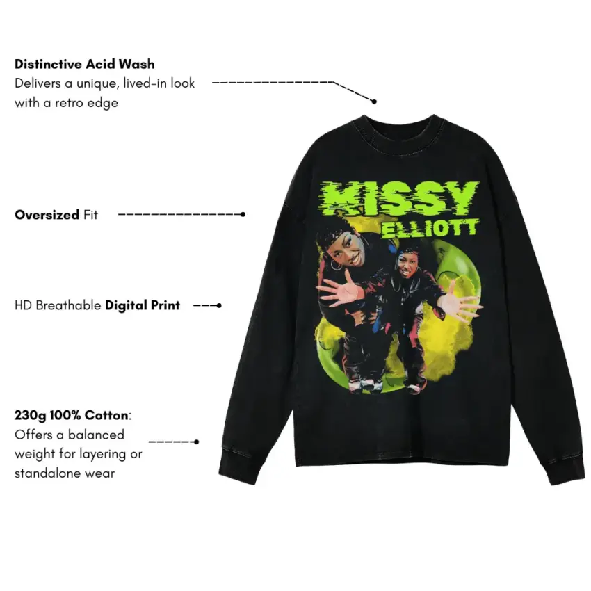 Missy Elliott Supa Dupa Fly Aicd Wash Oversized Long Sleeve Shirt - Image 5