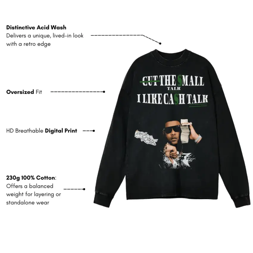 Moneybagg Cash Talk Aicd Wash Oversized Long Sleeve Shirt - Image 5