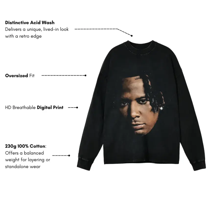 Moneybagg Yo A Gangstas Pain Aicd Wash Oversized Long Sleeve Shirt - Image 5